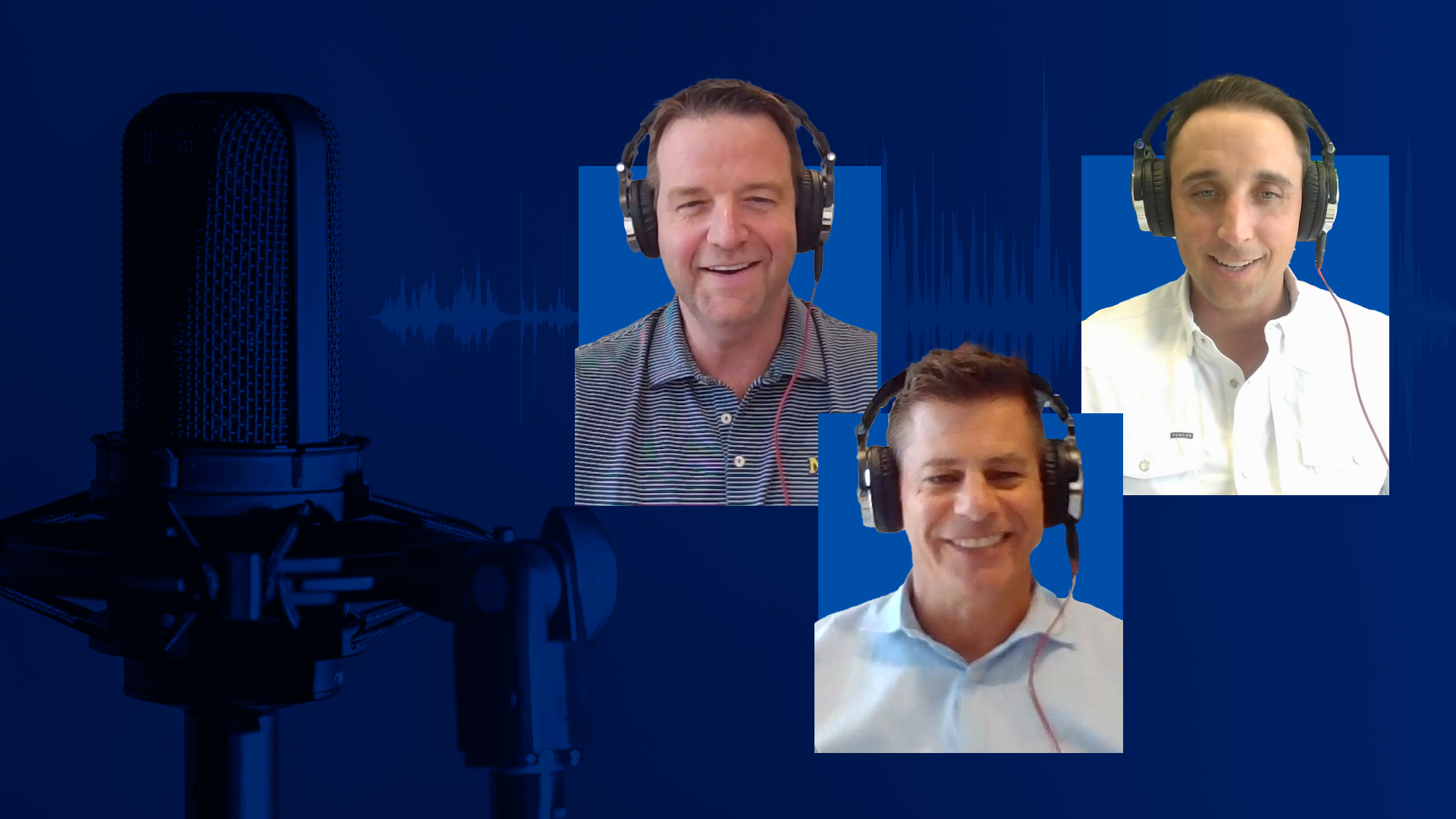 Three individuals wearing headphones, appearing in video call-style frames, are superimposed on a dark blue background featuring a microphone and audio waveform graphics, suggesting a podcast or audio recording session.